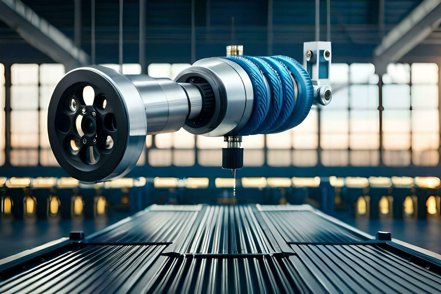 a machine with a large metal wheel on top of a table. AI-Generated photo