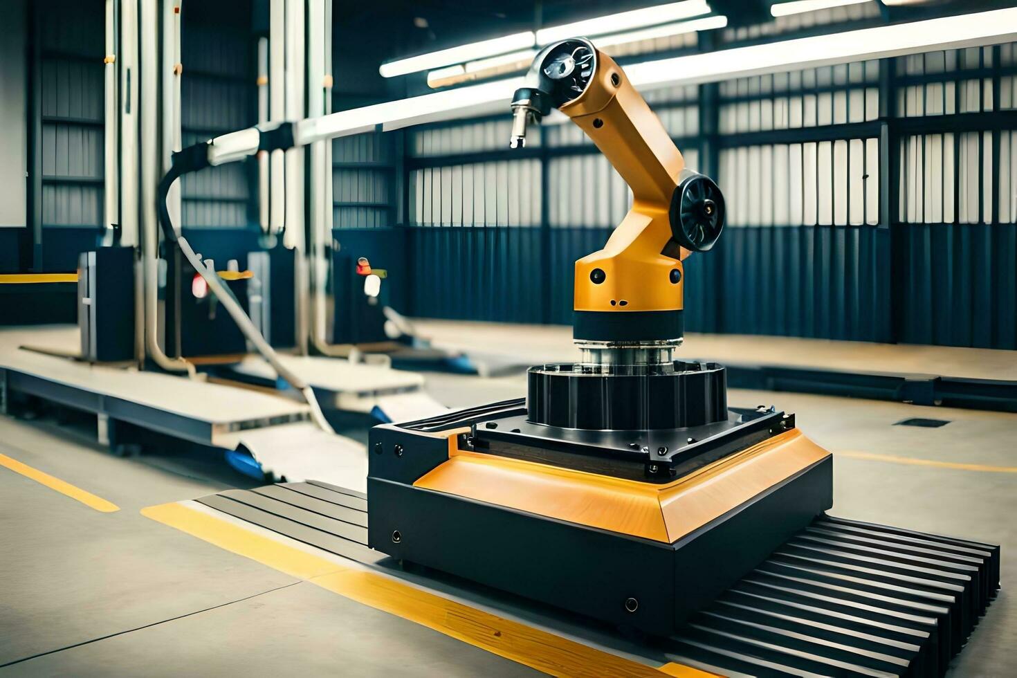a robotic arm is sitting on a conveyor belt. AI-Generated photo