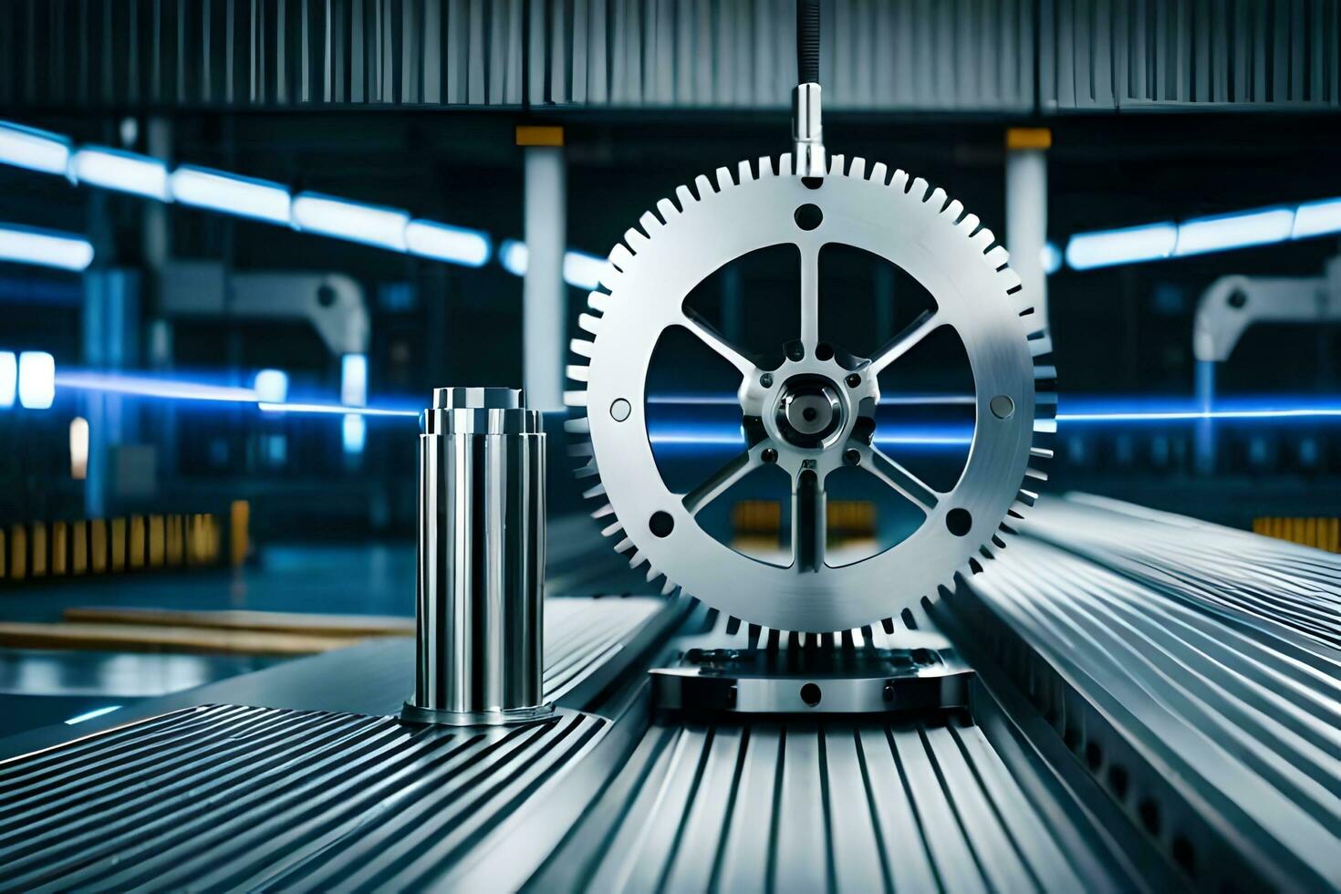 a metal gear on a conveyor belt in a factory. AI-Generated photo