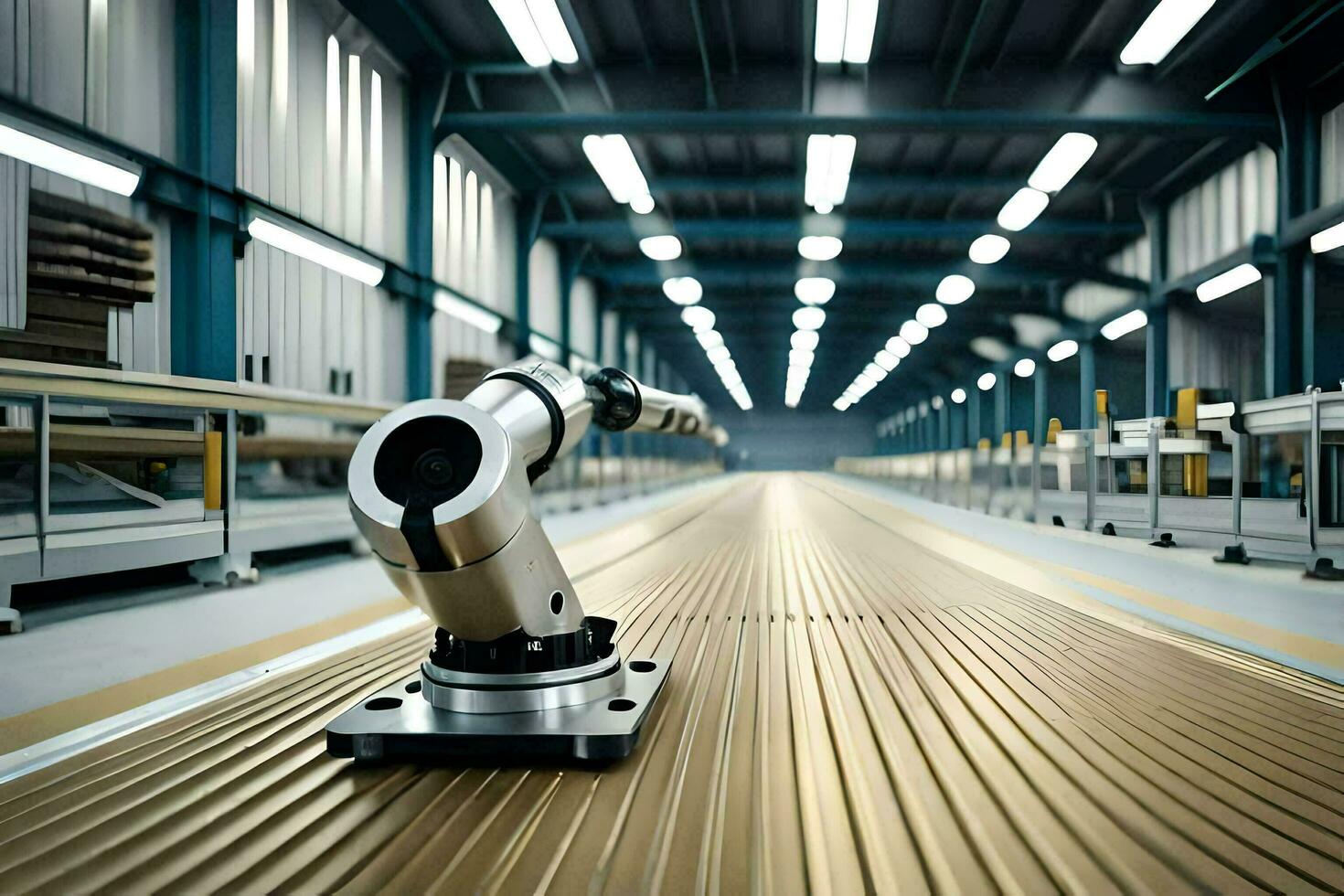 a robotic arm is sitting on a conveyor belt. AI-Generated photo