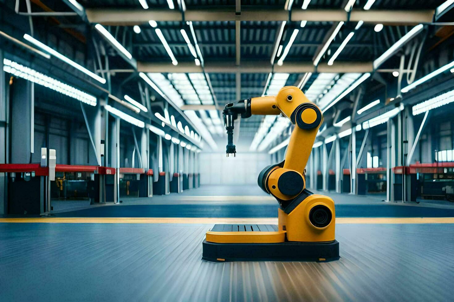 a yellow robot is standing in a factory. AI-Generated photo