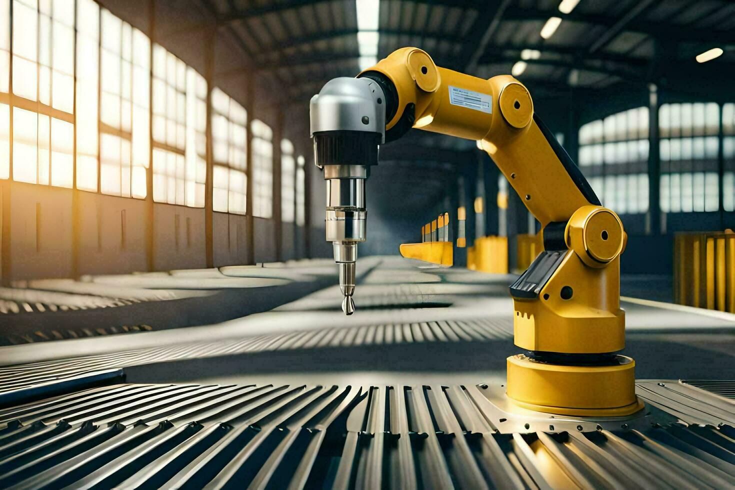 a robotic arm is sitting on a metal floor. AI-Generated photo