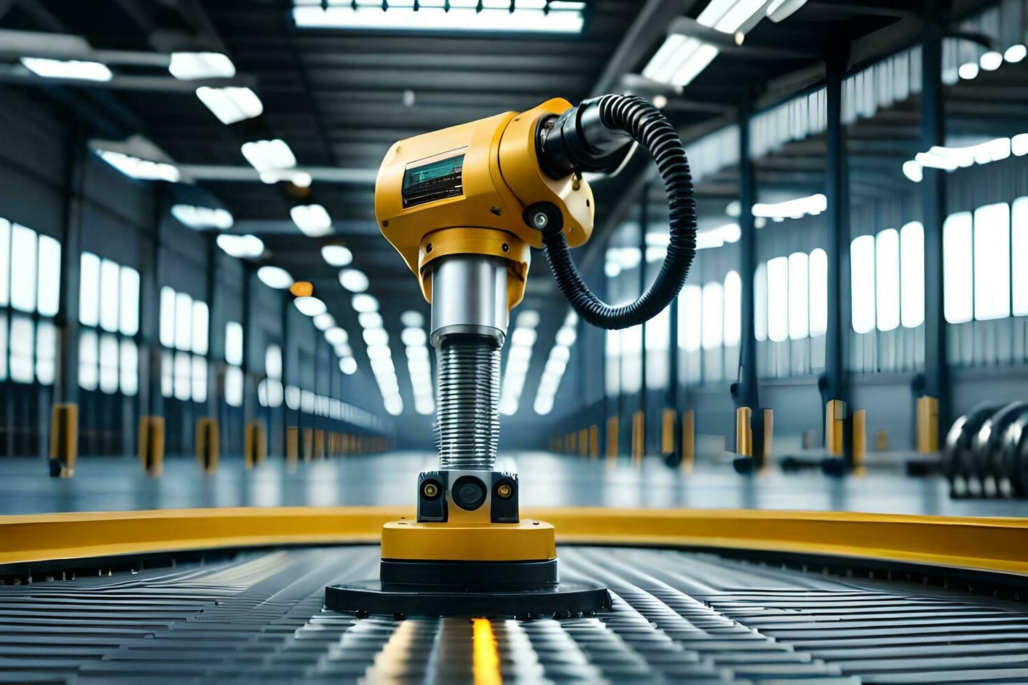 a yellow robot is sitting on a conveyor belt. AI-Generated photo