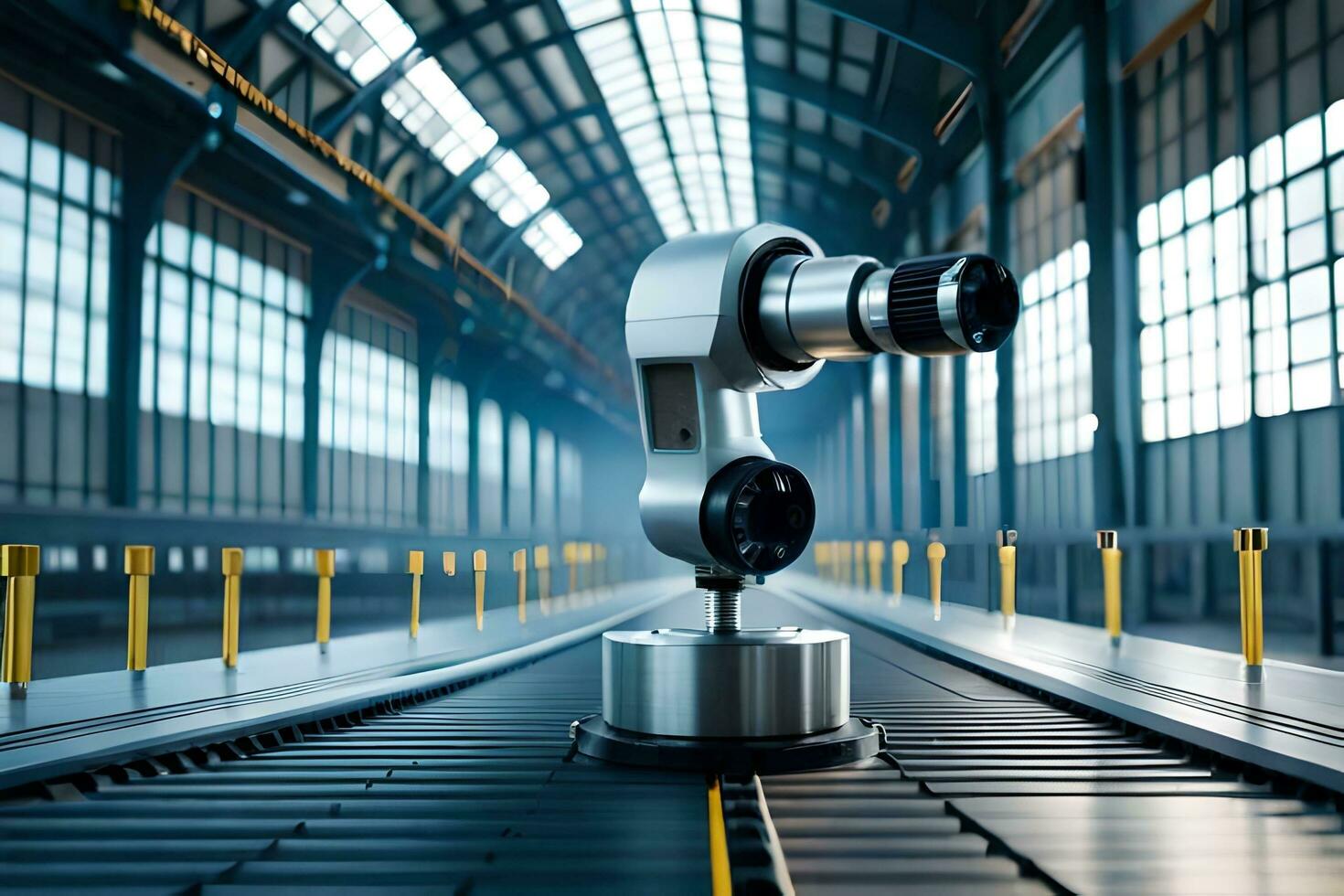 a robot is sitting on a conveyor belt in a factory. AI-Generated photo