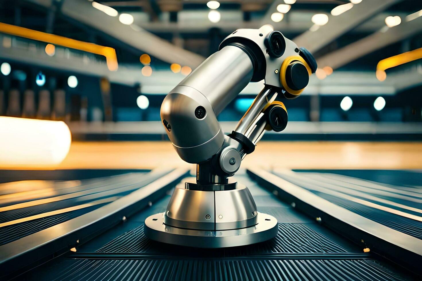 a robotic arm on a conveyor belt in a large building. AI-Generated photo