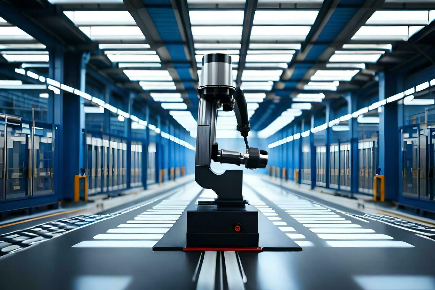 a robotic arm is standing in a large warehouse. AI-Generated photo