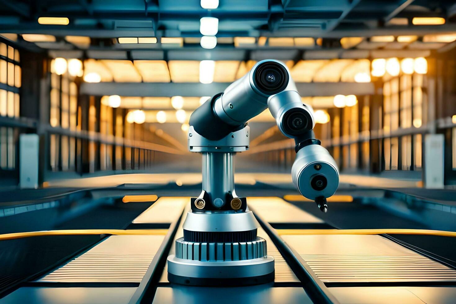 a robotic arm is sitting on a conveyor belt. AI-Generated photo