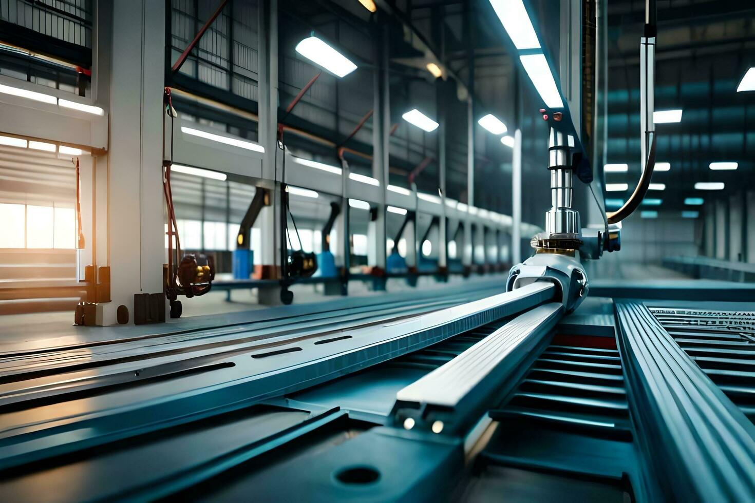 a factory with metal rails and machinery. AI-Generated photo