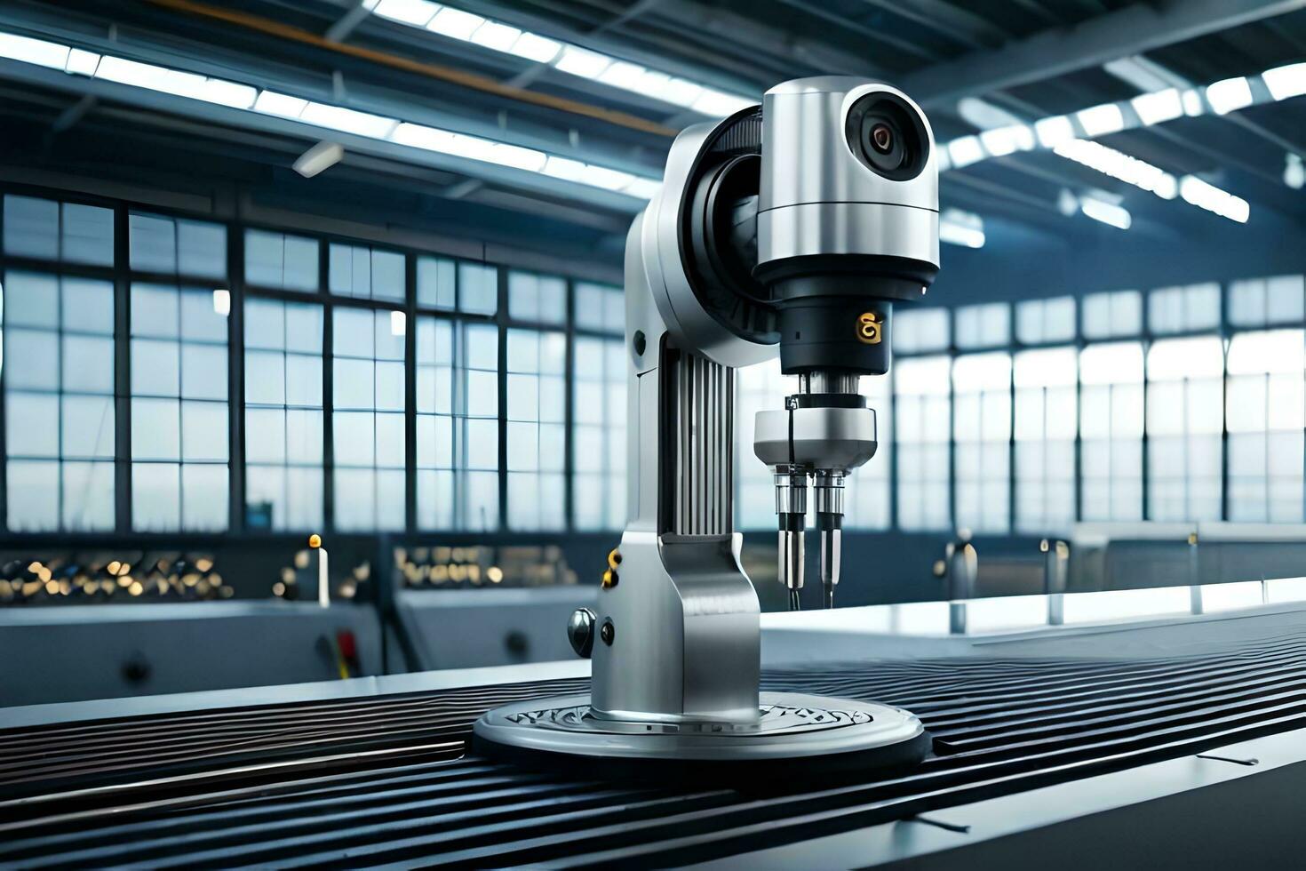 a robotic machine is sitting on a table in a factory. AI-Generated photo