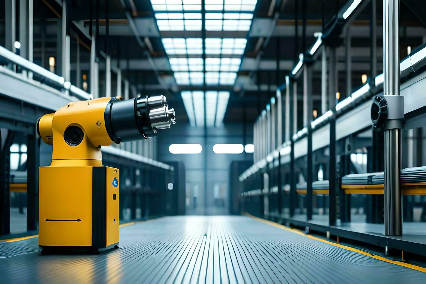 a yellow robot is standing in a warehouse. AI-Generated photo