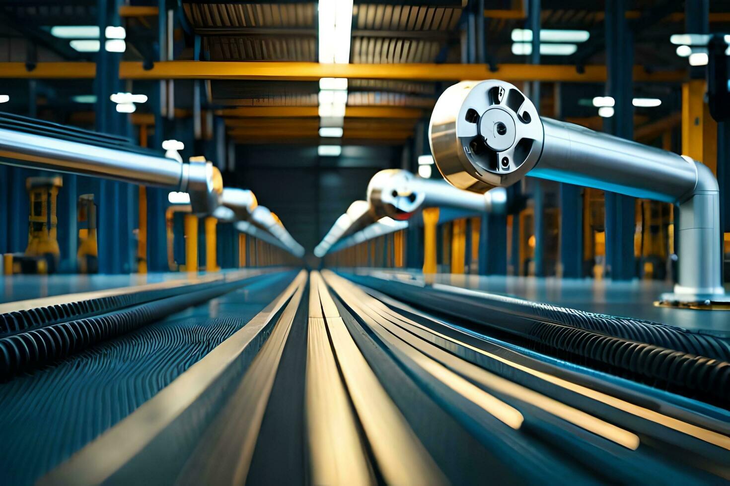 a long line of metal pipes in a factory. AI-Generated photo