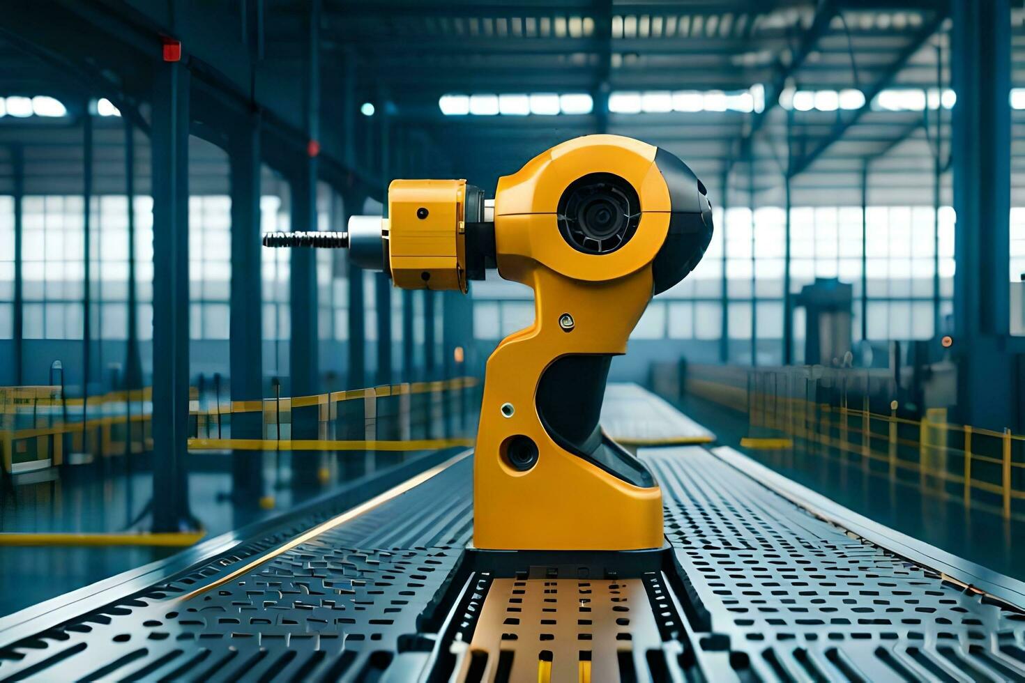 a yellow industrial robot is sitting on a conveyor belt. AI-Generated photo