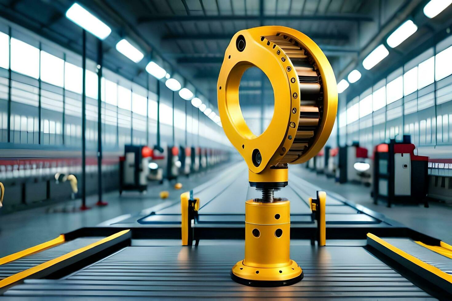 a yellow gear on a conveyor belt in a factory. AI-Generated photo