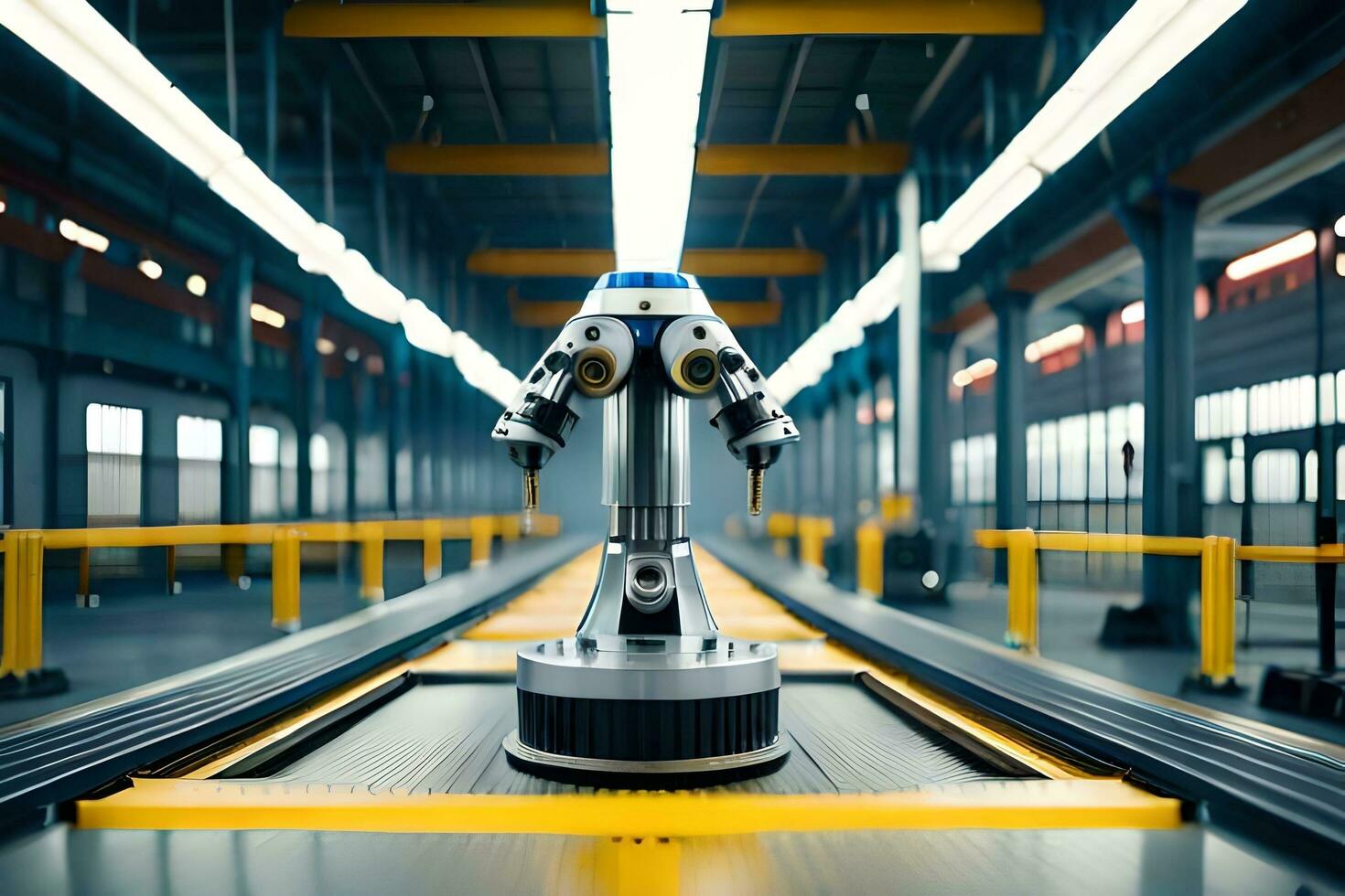 a robot is standing on a conveyor belt in a factory. AI-Generated photo