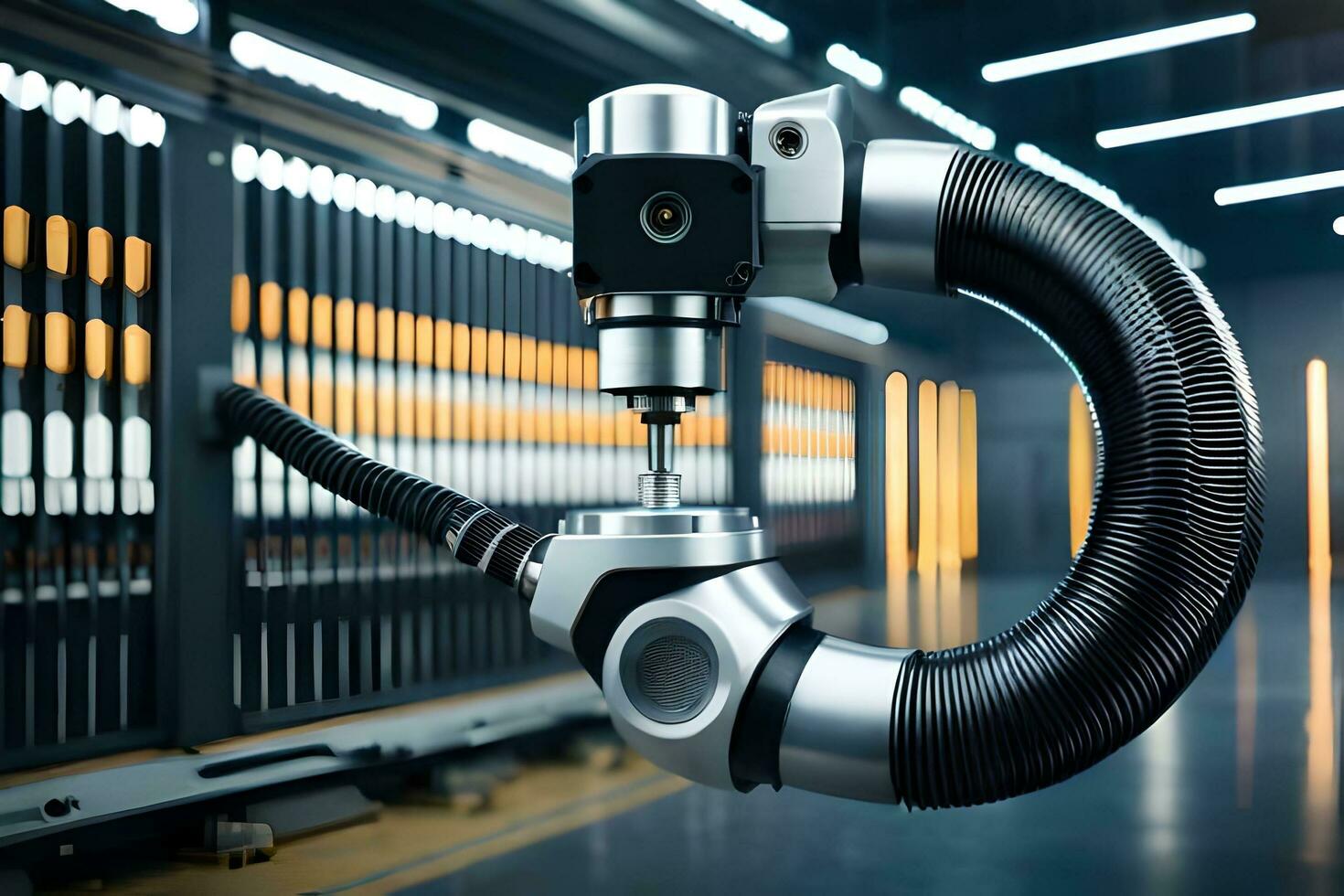 a robotic arm is holding a hose in a warehouse. AI-Generated photo