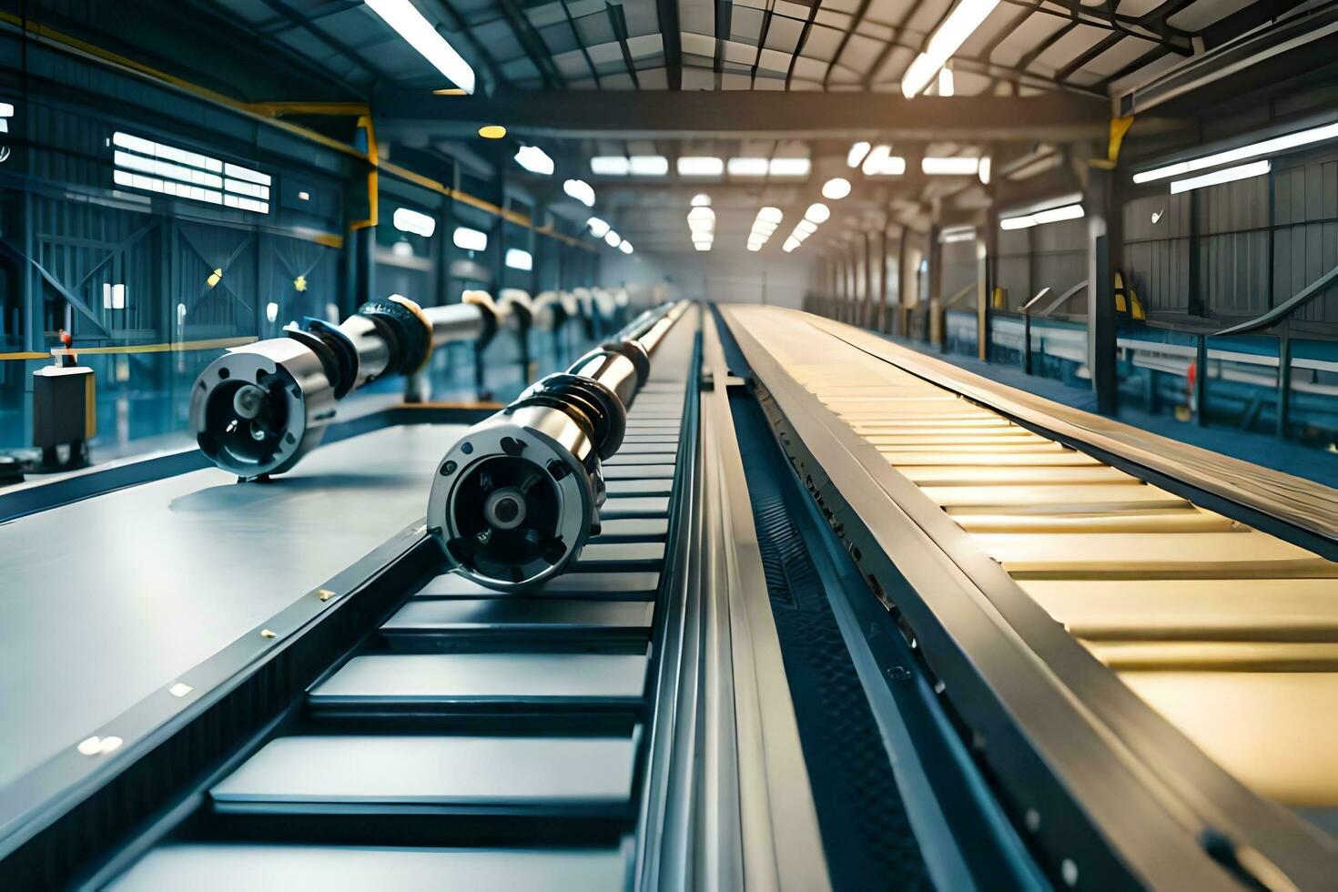 a conveyor belt in a factory with many machines. AI-Generated photo