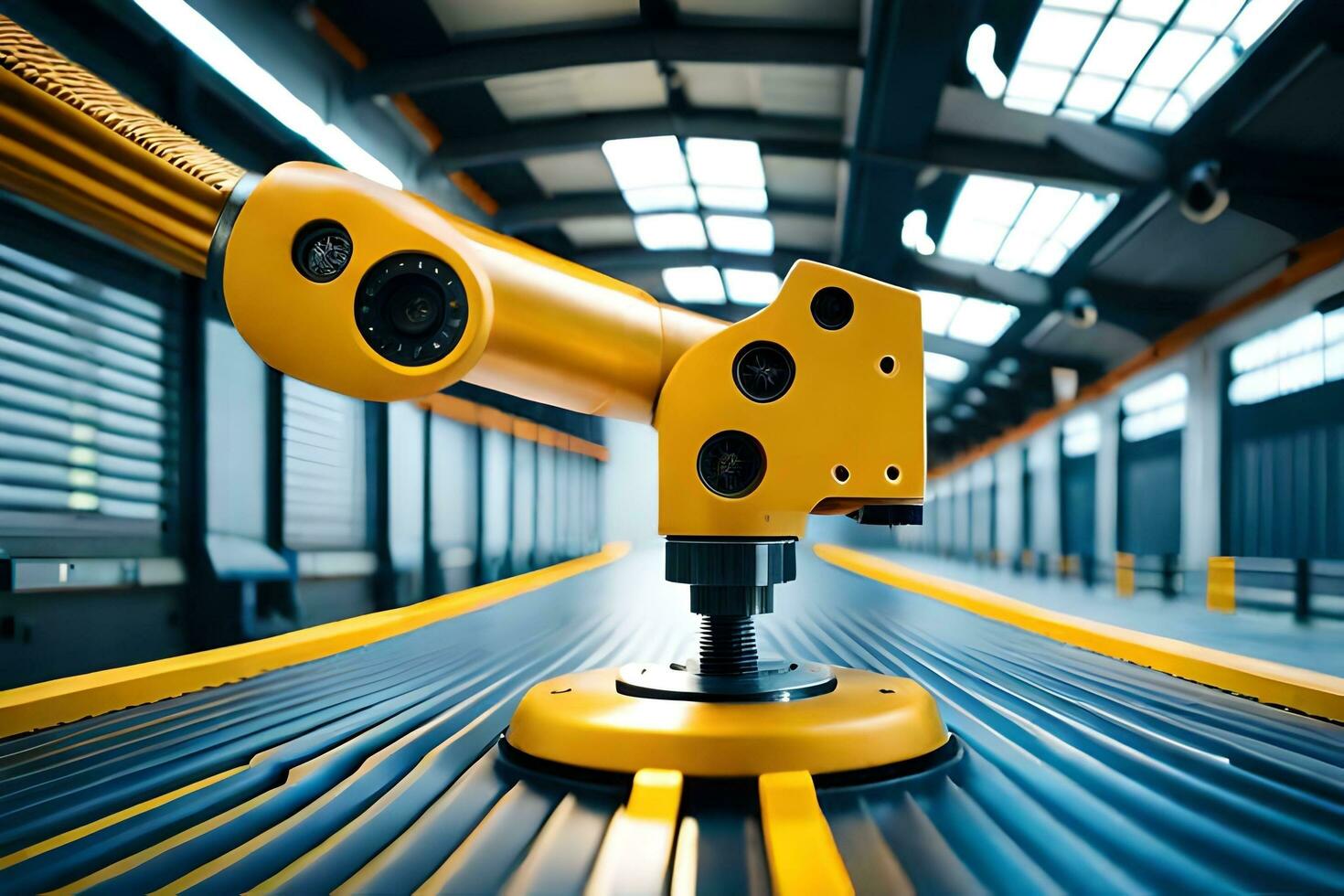 a robotic arm is sitting on a conveyor belt. AI-Generated photo