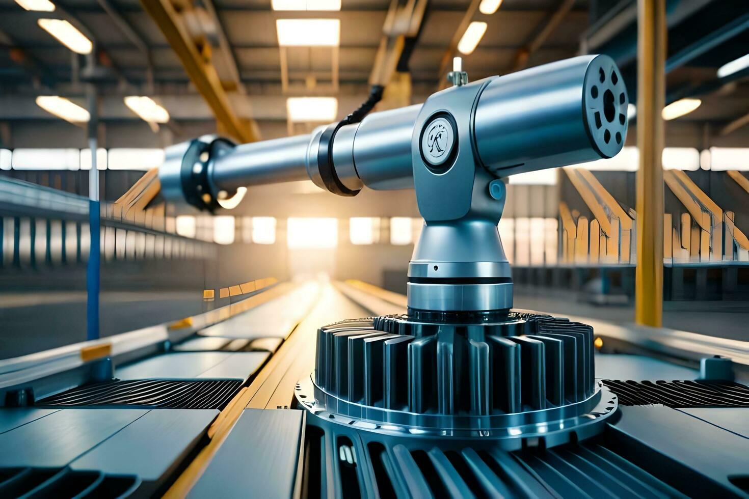 a robotic arm is sitting on a conveyor belt. AI-Generated photo