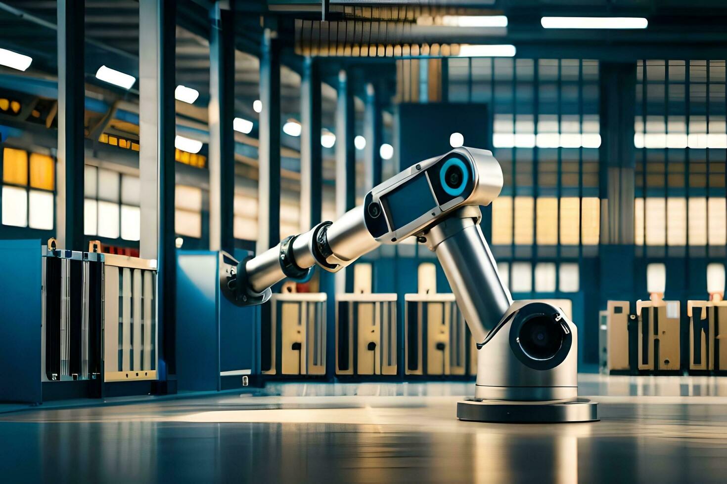 a robot is standing in front of a warehouse. AI-Generated photo