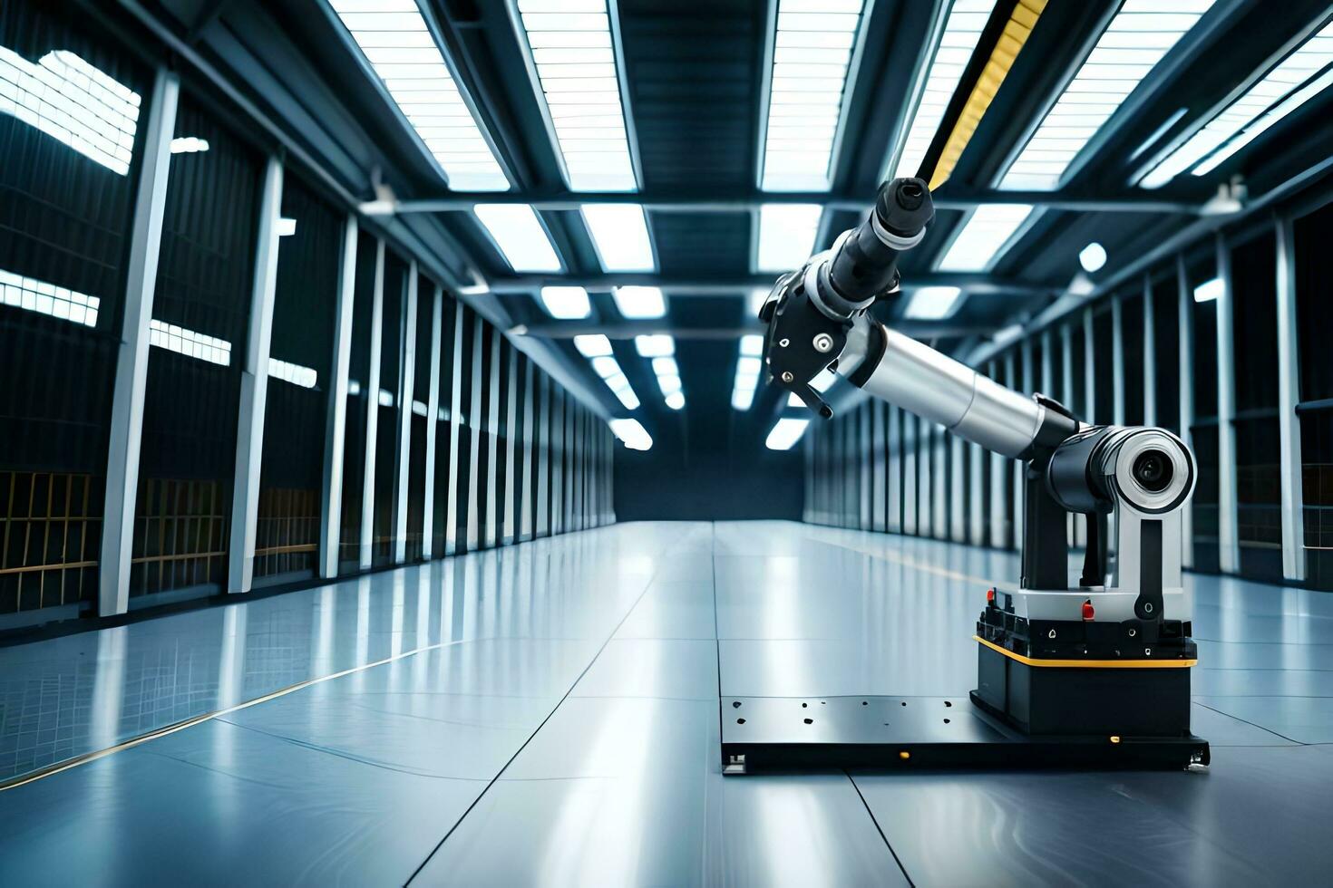 a robotic arm in a large warehouse with a light shining on it. AI-Generated photo