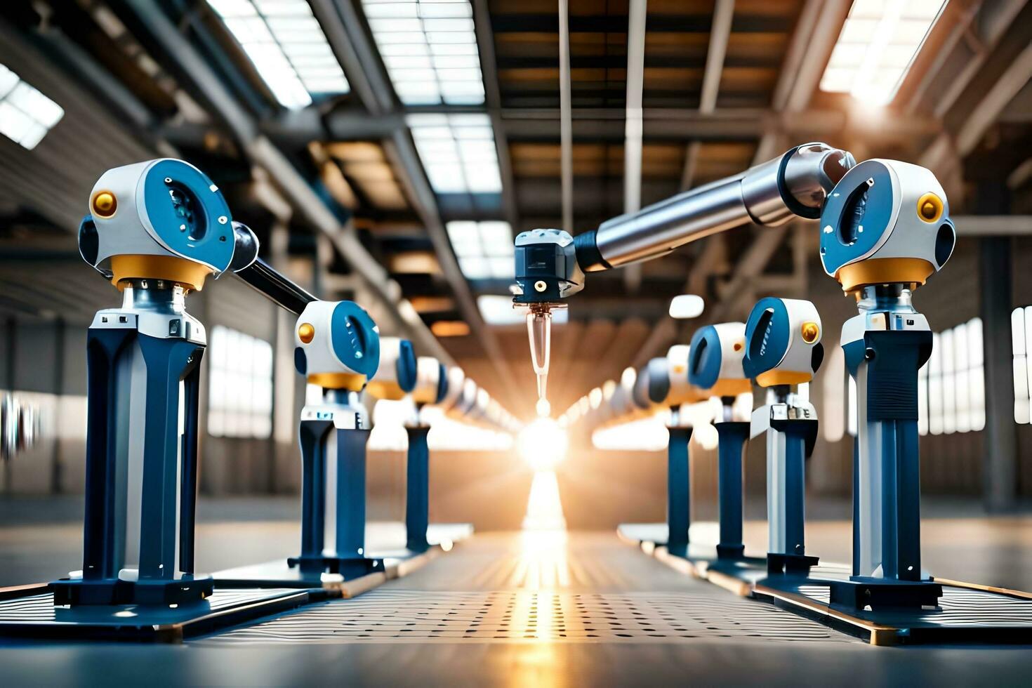 robots in an industrial factory with the sun shining through. AI-Generated photo