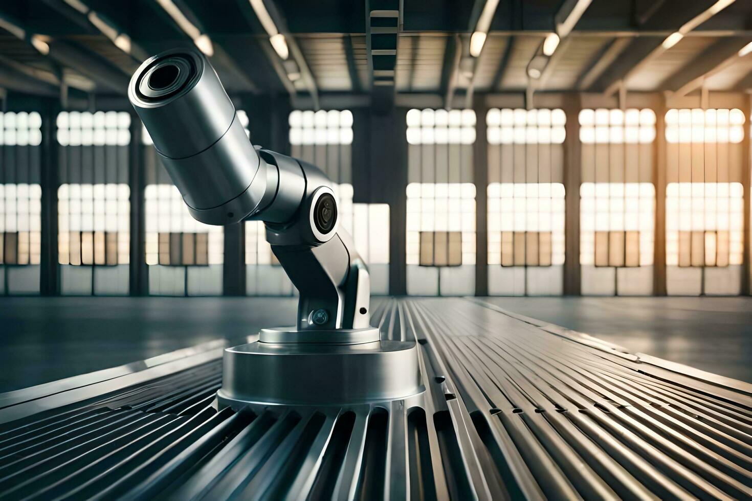a robot is sitting on a metal platform in a warehouse. AI-Generated photo