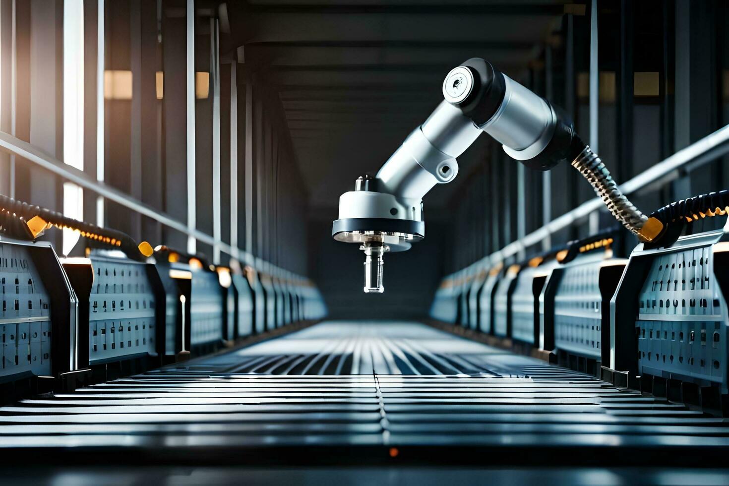 a robot is moving along a conveyor belt in a warehouse. AI-Generated photo