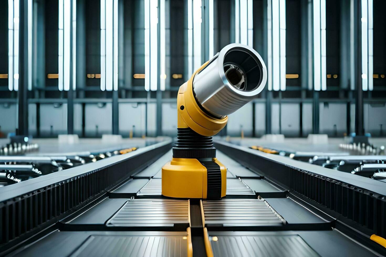 a yellow and black camera on a conveyor belt. AI-Generated photo