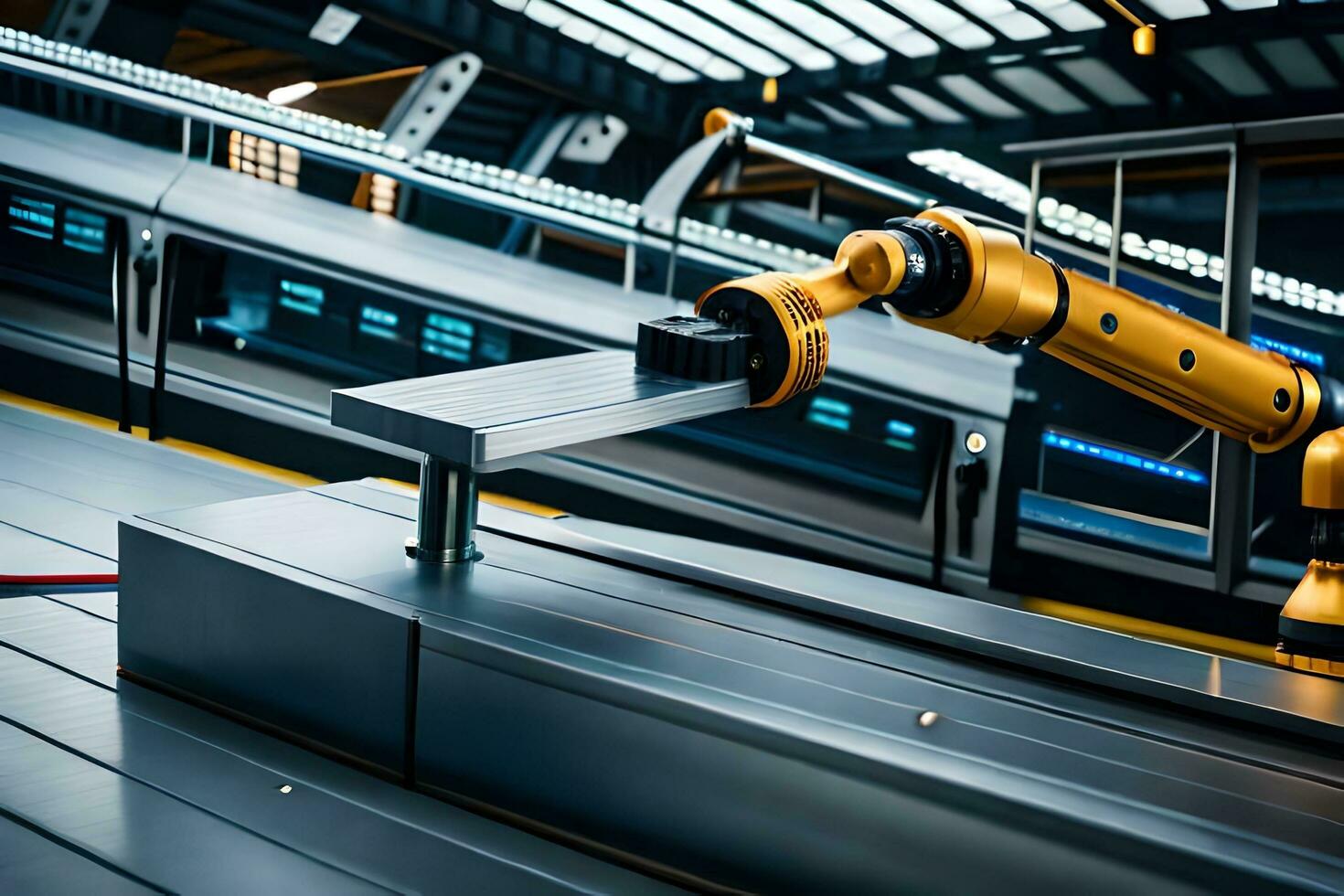 a robotic arm is working on a conveyor belt. AI-Generated photo