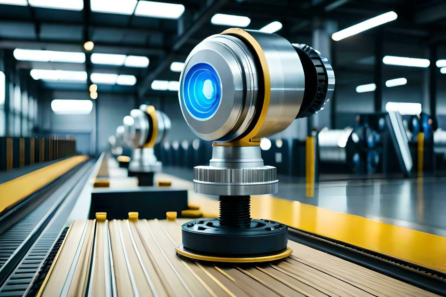 a robot is standing on a conveyor belt in a factory. AI-Generated photo
