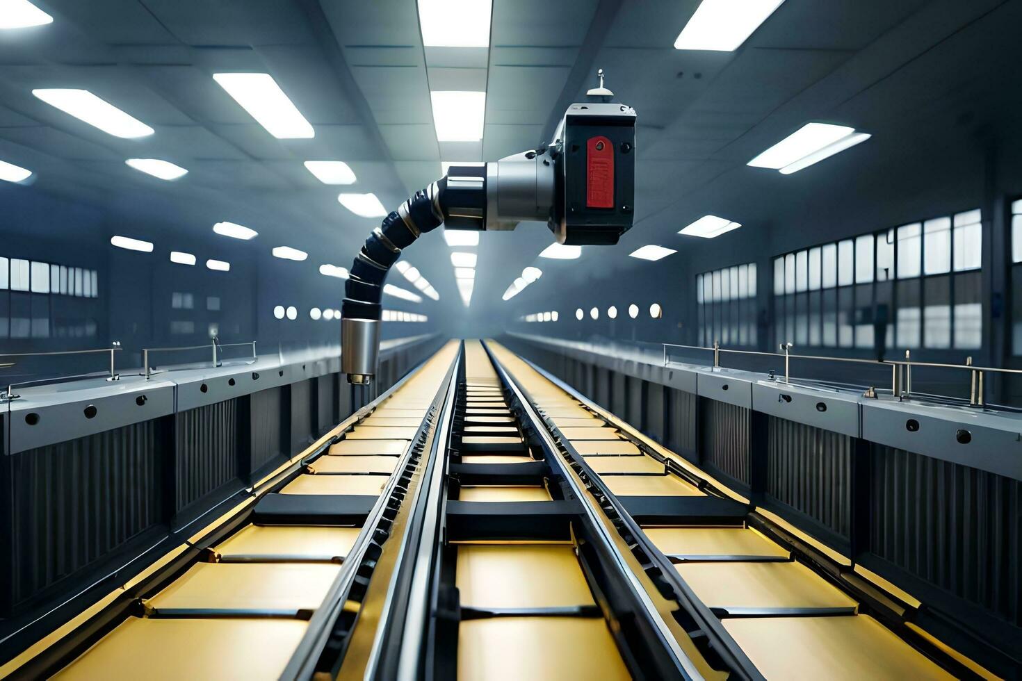 a robot is walking down a long train track. AI-Generated photo