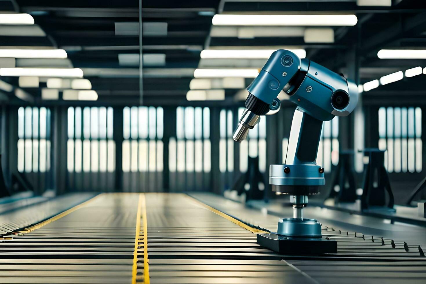 a robotic arm is standing on a conveyor belt. AI-Generated photo