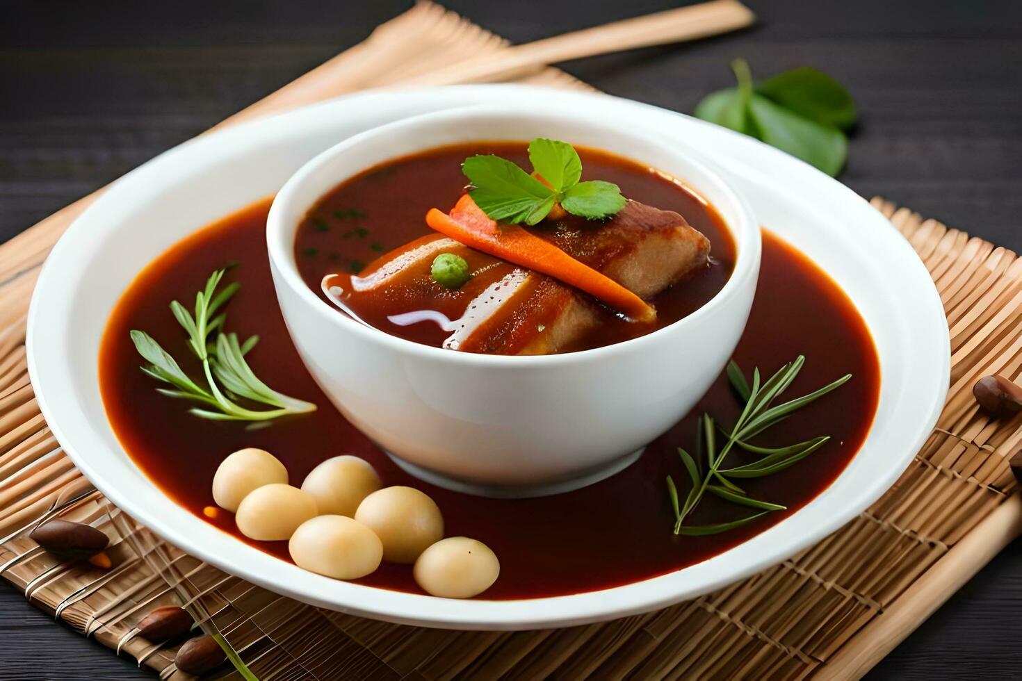 chinese soup with meat and vegetables. AI-Generated photo