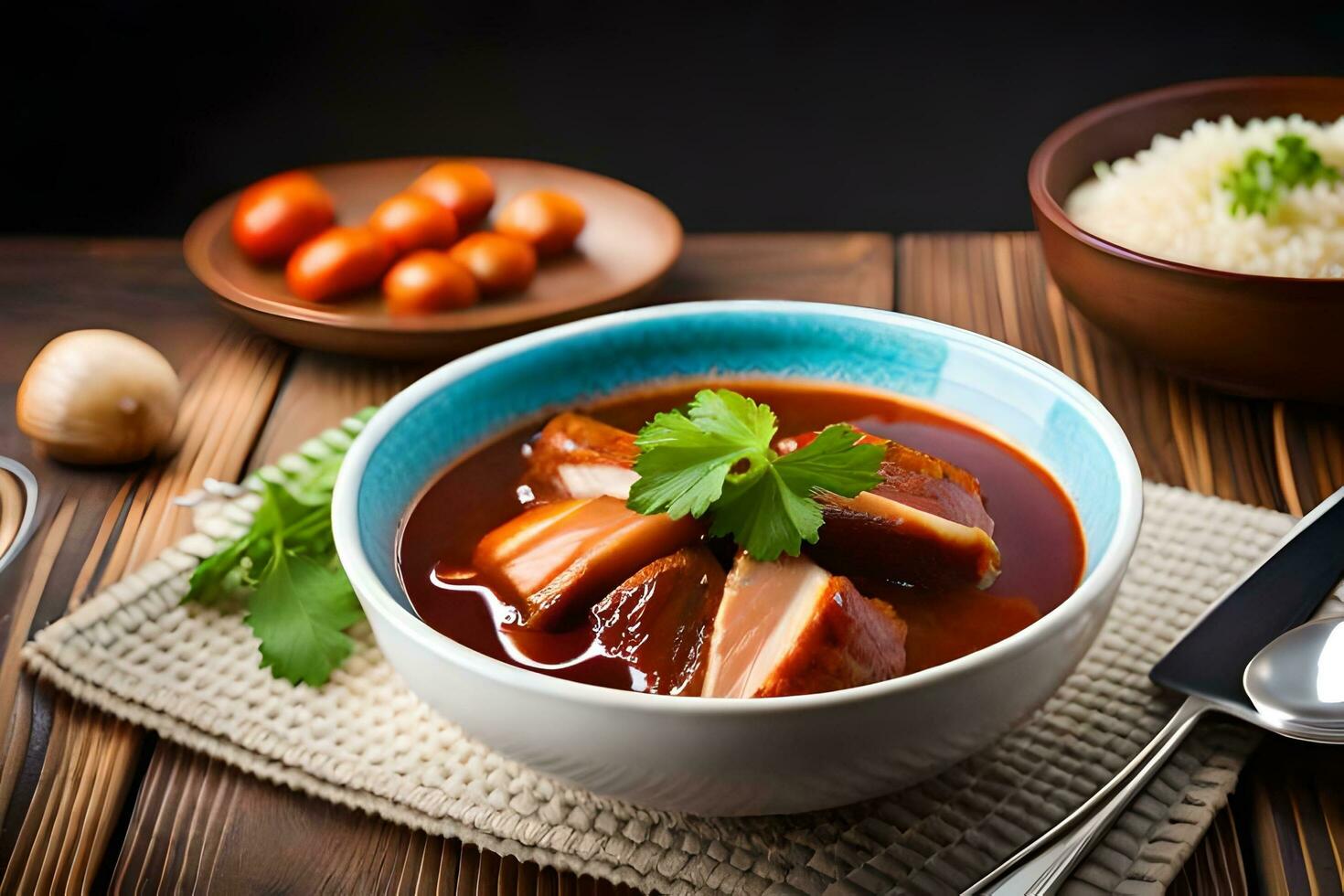 chinese food with meat and rice in a bowl on a wooden table. AI-Generated photo