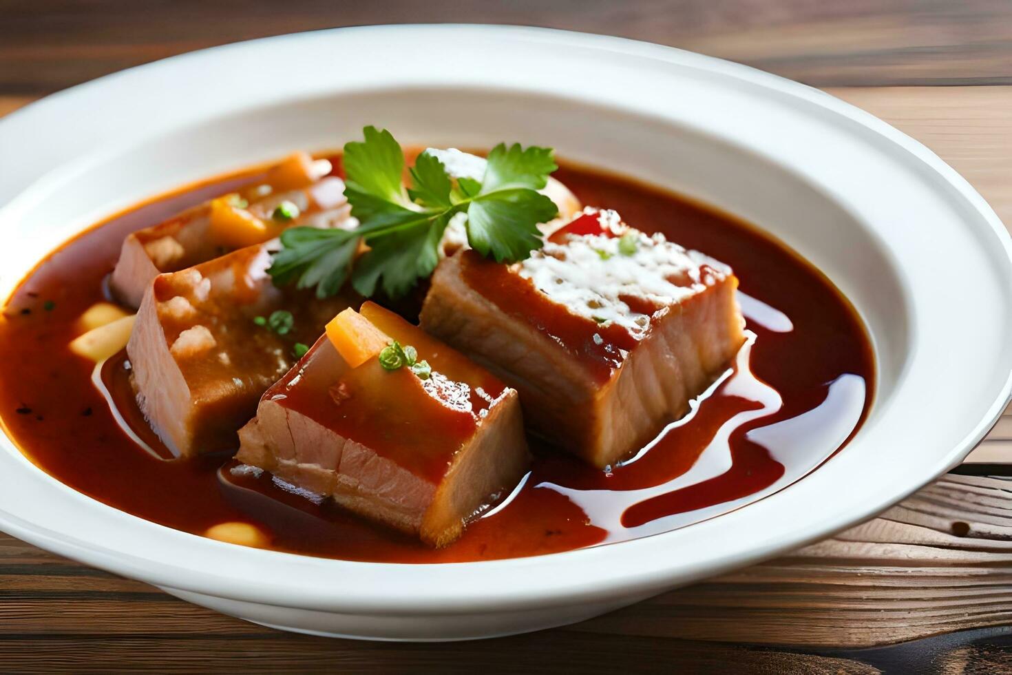 a bowl of meat and sauce on a wooden table. AI-Generated photo