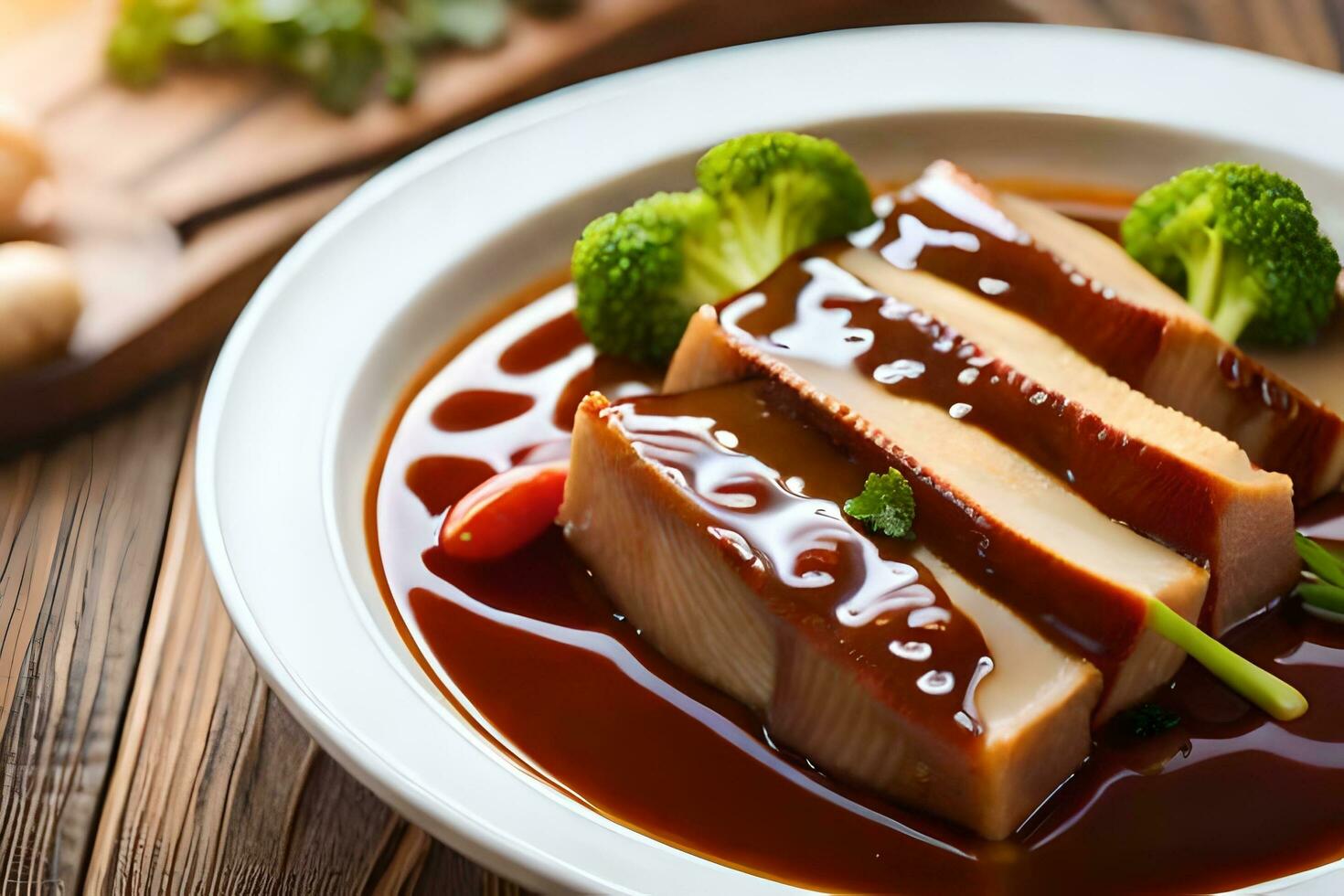 a plate of meat and vegetables with sauce. AI-Generated photo