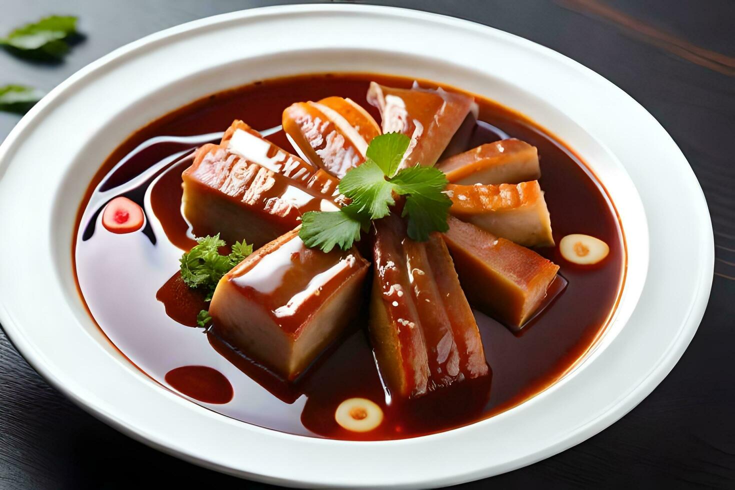 a bowl of meat and sauce on a table. AI-Generated photo