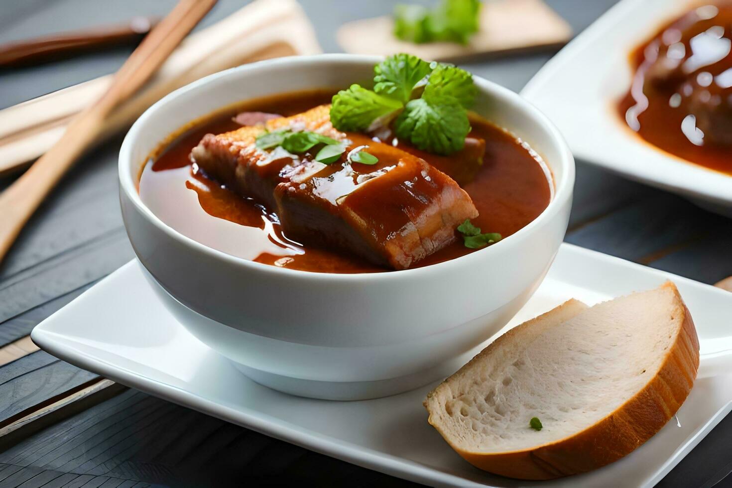 a bowl of soup with meat and bread on a table. AI-Generated photo