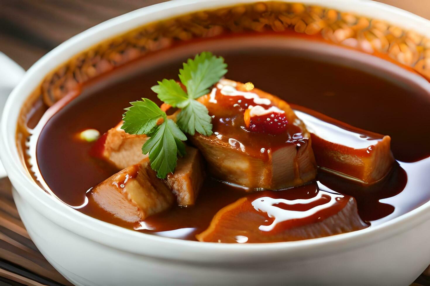 a bowl of soup with meat and vegetables. AI-Generated photo