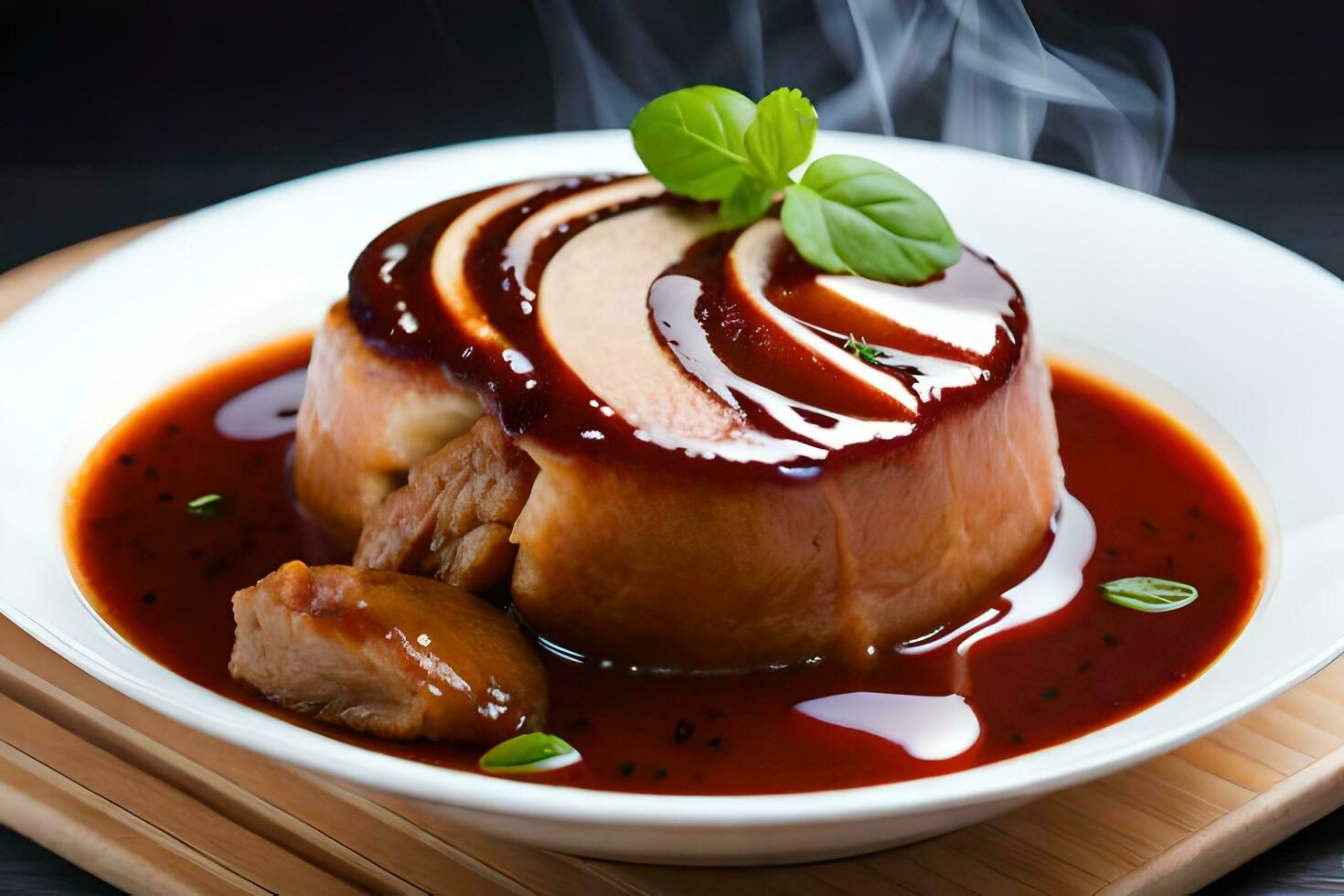 a dessert with meat and sauce on a plate. AI-Generated photo