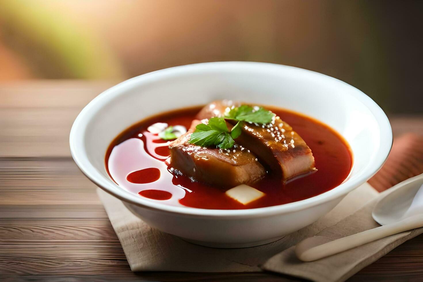 chinese soup with meat and vegetables in a bowl. AI-Generated photo