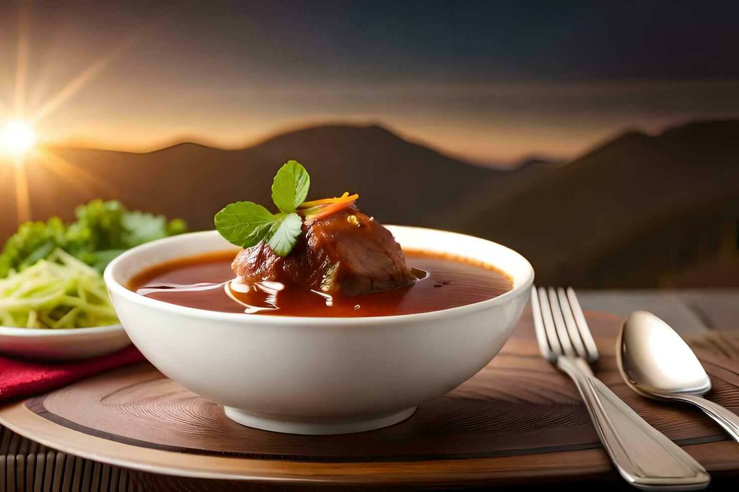meatball soup with vegetables and rice on a wooden table. AI-Generated photo