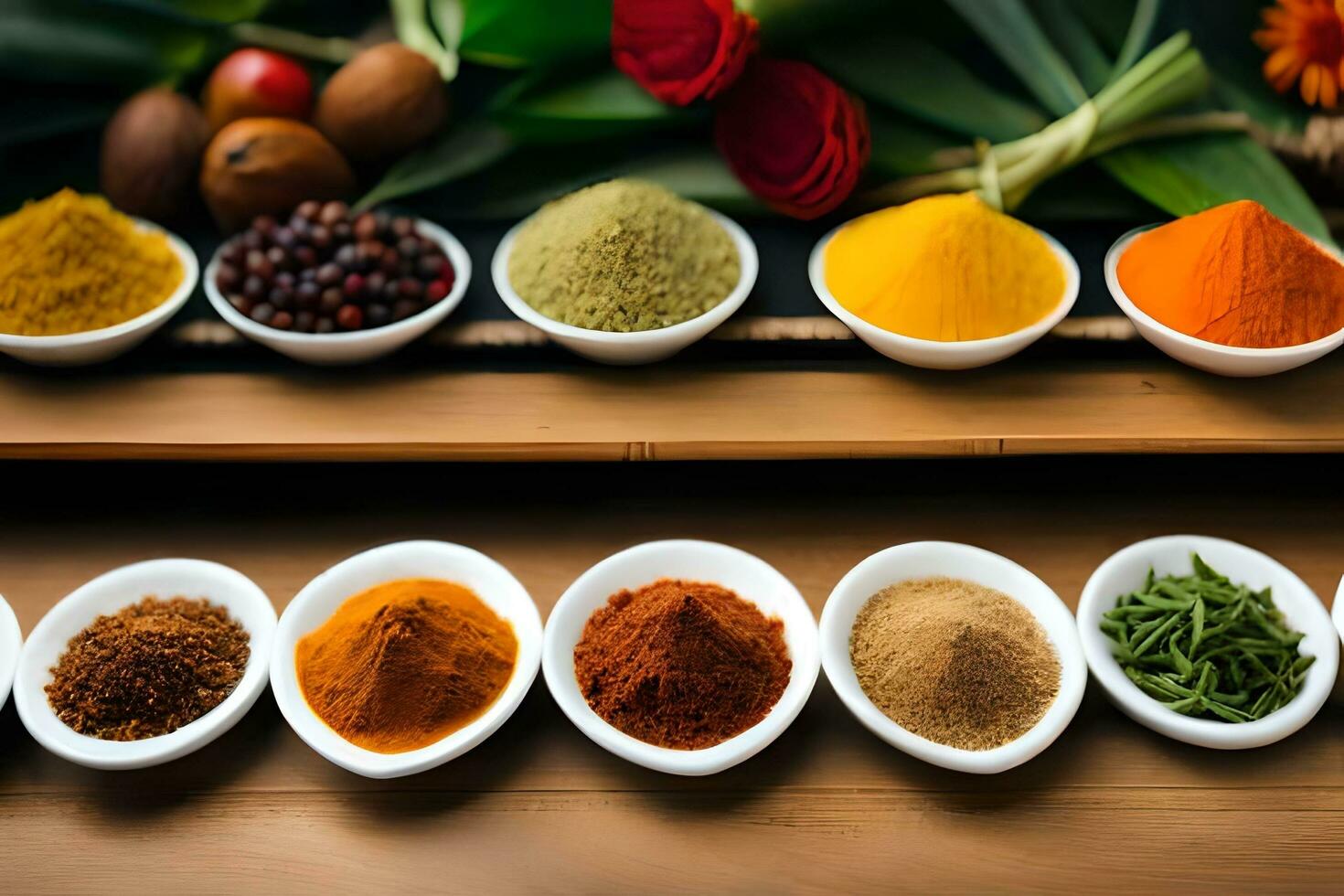 various spices and herbs in bowls on a table. AI-Generated photo