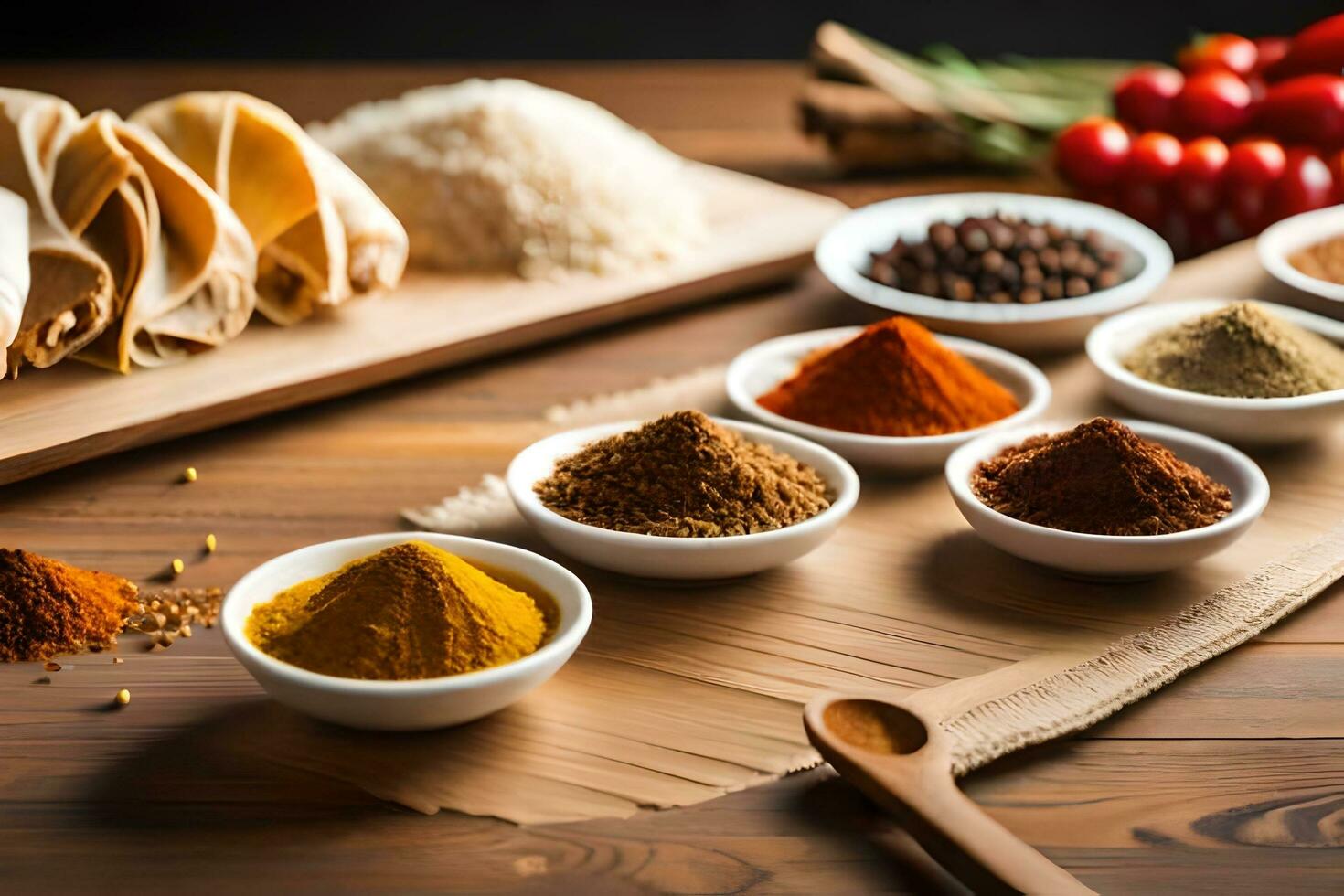 various spices and spices on a wooden table. AI-Generated photo