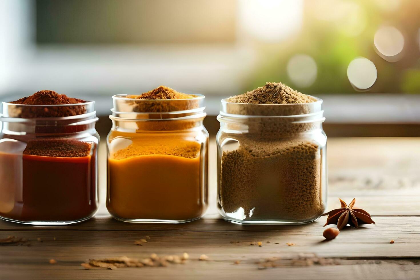 three jars of spices on a wooden table. AI-Generated photo