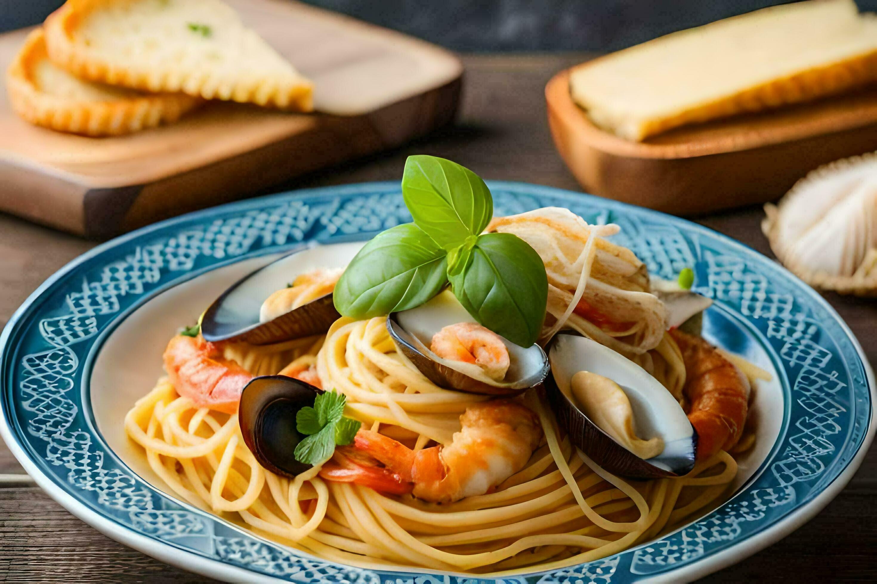 spaghetti with mussels and clams in a blue plate. AIGenerated 32962209
