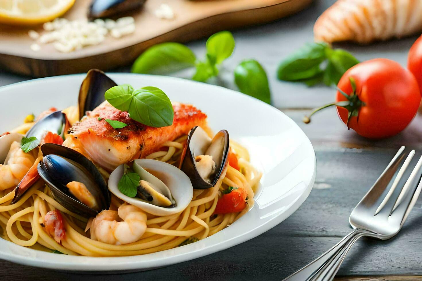 a plate of pasta with seafood and tomatoes. AI-Generated photo