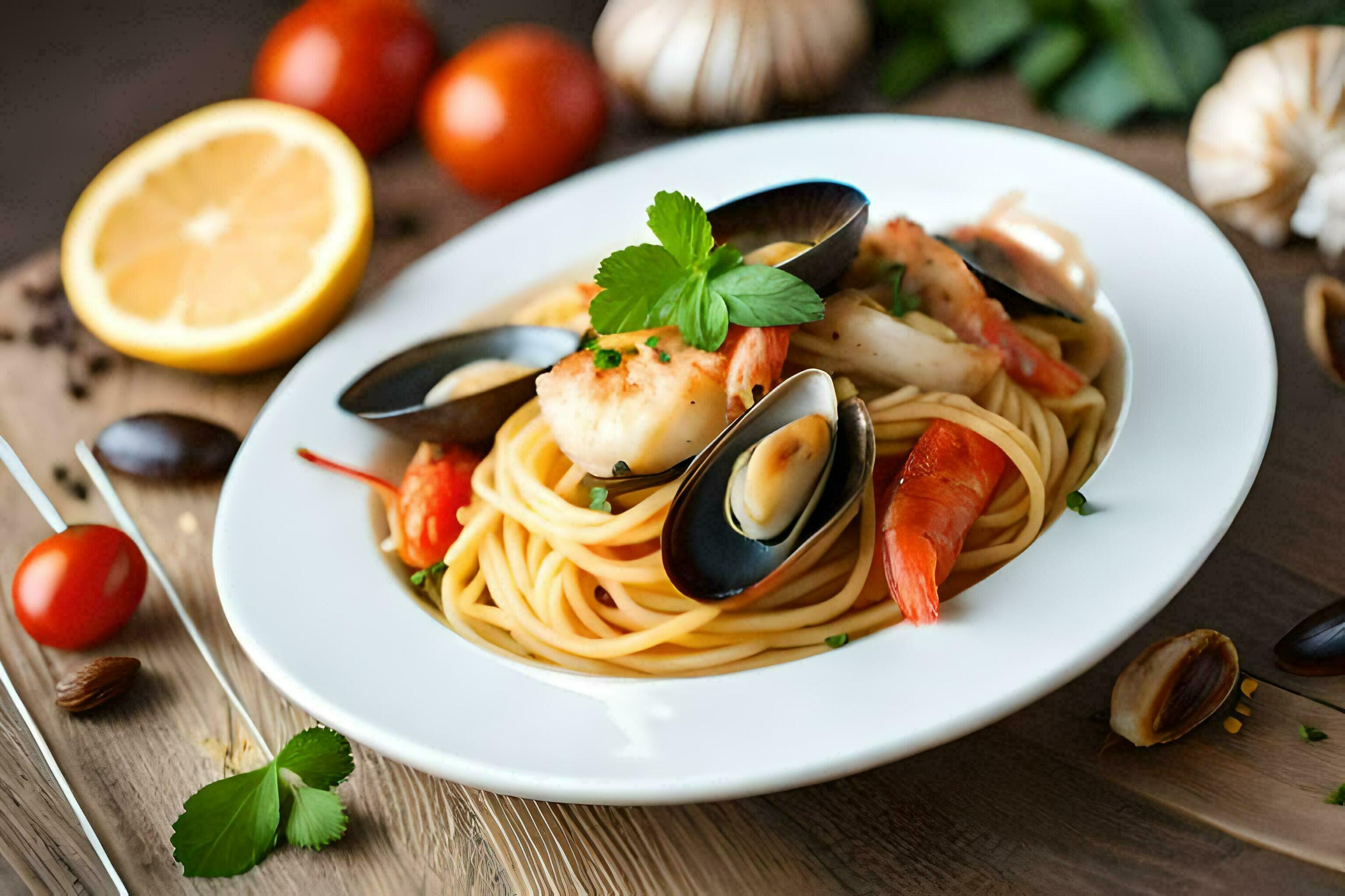 spaghetti with mussels and clams. AIGenerated 32962274 Stock Photo at