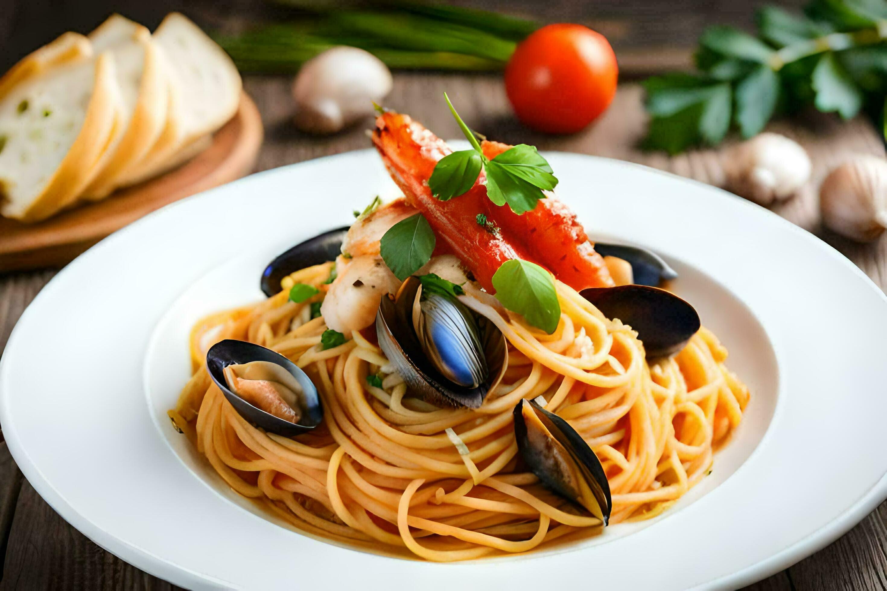 spaghetti with mussels and clams on a white plate. AIGenerated