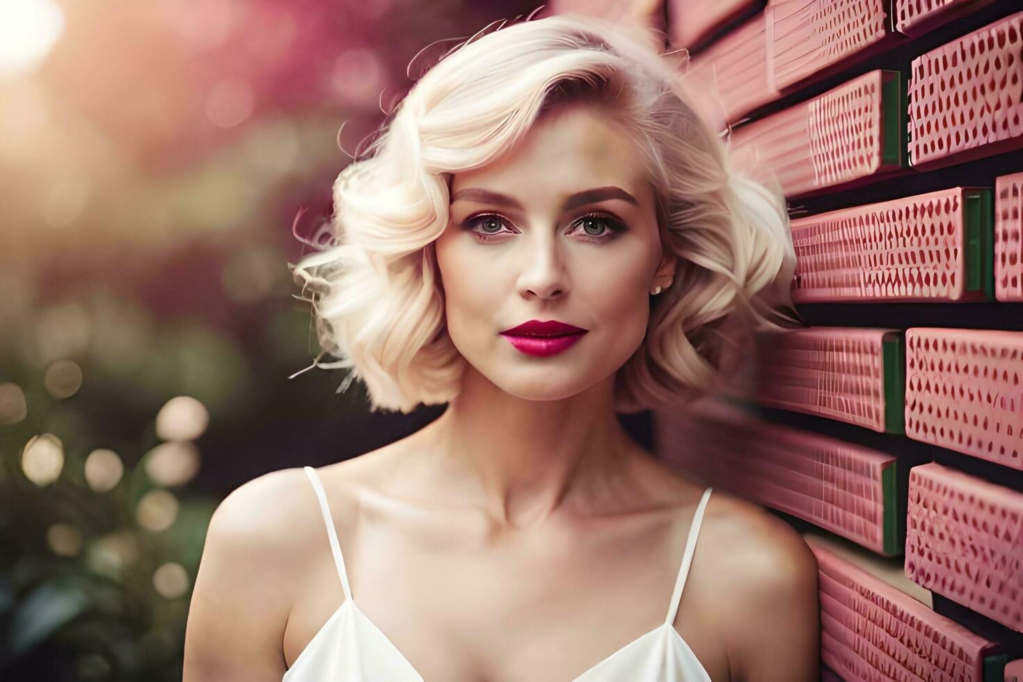 beautiful blonde woman with short hair and red lipstick. AI-Generated photo